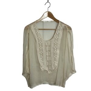 Gibson Ivory Sheer Silk Crochet Lace Bib Boho Romantic Top Medium Boho Festival